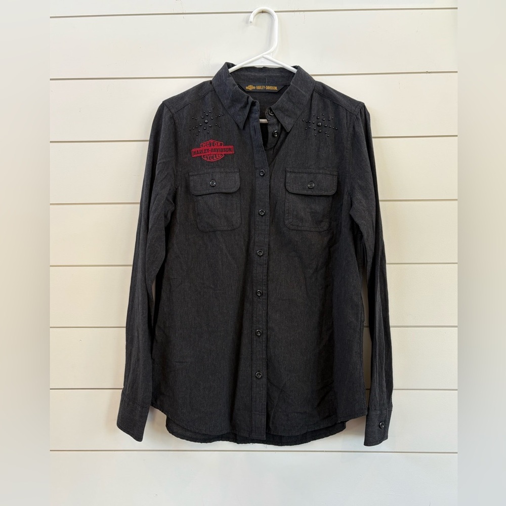Harley-Davidson Charcoal Button Down Shirt with Red Emblem